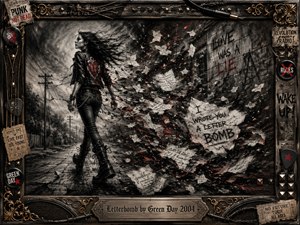 A determined punk woman strides through a decaying suburban street as torn letters, ash, and charcoal debris explode behind her. Deep blacks, smoky grays, and sharp red accents create a rebellious, volatile mood. Dramatic contrast, windswept motion, graffiti, and a richly ornamented metallic music-themed frame intensify the gritty charcoal composition.
