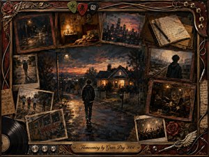 A solitary figure walks toward a warmly lit suburban home at dusk, surrounded by scattered framed memories of city streets, concerts, handwritten notes, and restless travel. Deep charcoal, rust, amber, and midnight blue create a reflective, bittersweet mood, while painterly textures, glowing lights, roses, vinyl, and guitar details suggest return, memory, and belonging.