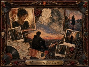 A solitary figure overlooks a glowing city at dusk, surrounded by fading portraits, Polaroids, maps, tickets, roses, vinyl, and guitar relics. Warm sepia, muted red, smoky blue, and gold tones deepen the bittersweet nostalgia. Layered oil, acrylic, and watercolor textures create a tender memory collage within an ornate rosewood frame.