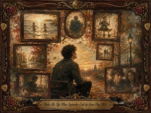 A solitary figure sits amid drifting autumn leaves, surrounded by rosewood-framed memories of childhood, love, and quiet companionship. Warm amber sunsets, muted browns, deep reds, and smoky shadows create a tender melancholy. Painterly textures blend oil, acrylic, and watercolor, while ornate musical details and the engraved title plate complete the nostalgic composition.