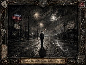 A solitary figure walks down a rain-darkened boulevard beneath hazy streetlights, surrounded by empty buildings, faded neon, and distant city glow. Deep charcoal textures, smoky grays, muted amber, and red accents create a bleak, introspective mood. An ornate metallic music-themed frame and engraved title plate complete the haunting composition.