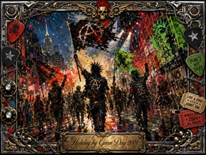 A defiant punk procession surges through a neon-lit city street beneath anarchic flags, graffiti, and blazing stage lights. Fiery reds, toxic greens, black leather, and metallic gold create a rebellious, volatile mood. Rich painterly textures, splattered color, wet reflections, guitar hardware, skulls, picks, and ornate metal framing intensify the dramatic composition.