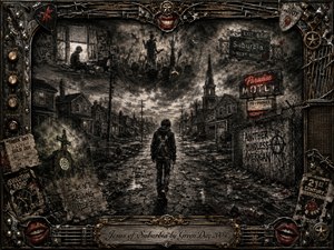 SongData_Jesus_of_Suburbia_Green_Day_2004 A lone punk figure walks through a decaying suburban street beneath stormy charcoal skies, surrounded by dark houses, tangled power lines, graffiti, church imagery, and glowing roadside signs. Deep blacks, smoky grays, muted reds, and tarnished gold create a rebellious, melancholic mood, framed by ornate rock-and-roll memorabilia and engraved metalwork.