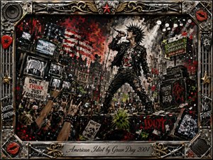 A defiant punk singer commands a chaotic urban stage amid flickering televisions, protest signs, graffiti, raised hands, and crumbling city imagery. Aggressive black, crimson, white, and metallic tones create a rebellious, confrontational mood. Gritty mixed-media brushwork, splattered textures, harsh lighting, and an ornate industrial frame intensify the raw political energy.