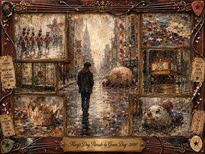 A solitary figure walks through a rain-soaked city after a vanished parade, surrounded by confetti, deflated balloons, empty streets, and fading memories. Framed vignettes deepen the nostalgic mood, using weathered reds, muted golds, smoky blues, and warm amber light. Painterly textures, vintage rosewood, musical details, and ornate gold accents create melancholy elegance.
