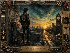 A lone punk rocker stands above a sprawling city at sunset, gazing toward glowing tracks and a distant clock tower. Warm gold light breaks through turbulent blue-gray skies, creating a mood of anticipation and restless hope. Thick painterly textures, worn posters, guitar cases, metal hardware, and a rugged music-themed frame add nostalgic grit.