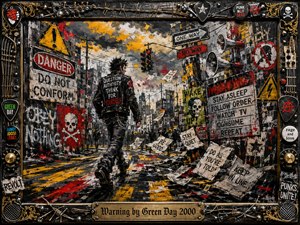 A lone punk strides through a chaotic city intersection plastered with warning signs, propaganda, skulls, and torn notices, embodying restless defiance. Stormy gray skies frame vivid red, yellow, black, and green acrylic textures. Megaphones, graffiti, barbed wire, guitar hardware, and an ornate metallic frame intensify the rebellious atmosphere.