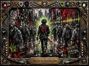 A lone green-haired punk strides through a gray, conformist crowd in a gritty urban canyon, radiating defiance and individuality. Splashes of red, black, white, and electric green energize the textured acrylic-punk composition. Dramatic backlighting isolates the figure, while graffiti, cables, guitar picks, metalwork, and ornate gold framing reinforce rebellious intensity.