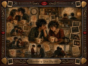 A nostalgic mixed-media collage depicts a young couple repeating tender and weary moments inside a worn coffeehouse, suggesting love caught in familiar cycles. Warm browns, muted reds, and aged golds glow under soft amber light. Layered snapshots, coffee cups, clocks, and musical details surround the scene within an ornate rosewood frame and engraved title plate.