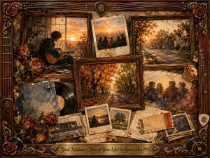 A warm nostalgic collage frames a young guitarist beside a glowing sunset, surrounded by faded scenes of friendship, autumn roads, Polaroids, roses, vinyl, cassette tape, and handwritten keepsakes. Rich amber, sepia, rust, and muted blue tones blend through painterly oil and watercolor textures, creating a tender, reflective mood of cherished memories passing with time.