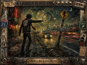 A lone punk hitchhiker stands beside a rain-slicked highway beneath a turbulent night sky, thumbing toward approaching headlights and a distant city. Gritty oil-paint textures, smoky golds, blacks, reds, and neon greens create restless energy. A music-themed metal frame of strings, tickets, knobs, and memorabilia surrounds the dramatic road scene.