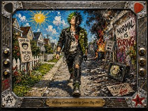 A punk figure strides between a sunny suburban street and a chaotic graffiti-lined wasteland, embodying conflict and contradiction. Vivid blues, greens, reds, and smoky blacks clash under dramatic daylight. Thick, energetic paint textures amplify the rebellious mood, while a rugged metal frame, guitar strings, knobs, picks, and engraved title plate complete the design.