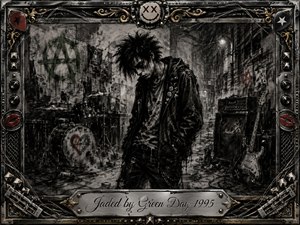 A solitary punk musician stands hunched in a grimy rehearsal room, surrounded by battered drums, amplifiers, and a leaning bass guitar. Deep charcoal textures, smoky grays, black leather, and faint red accents create a restless, exhausted mood. Harsh overhead light reveals graffiti, tangled strings, metallic framing, and worn industrial details.