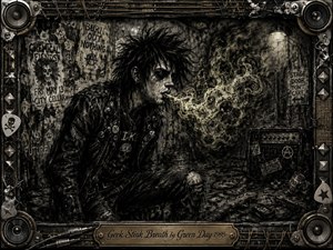 A gaunt punk figure exhales a sickly smoke cloud inside a grimy backstage room layered with torn posters, graffiti, cables, and battered music gear. Deep charcoal textures, smoky blacks, muted yellows, and greenish stains create a claustrophobic mood, while harsh overhead light and an industrial speaker-studded frame intensify the raw, rebellious atmosphere.