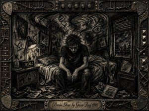 A sleepless figure slumps on the edge of a rumpled bed in a claustrophobic midnight bedroom, surrounded by frantic charcoal spirals and scattered papers. Deep blacks, smoky grays, and muted brass dominate beneath harsh lamplight. An ornate music-themed frame, guitar details, and engraved title plate intensify the restless, obsessive mood.