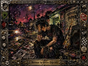 A weary young punk sits hunched beside a battered guitar and amplifier on a chaotic nighttime street, surrounded by skateboard debris, posters, graffiti, and passing headlights. Deep reds, purples, blacks, and tarnished gold create a restless, exhausted mood. Thick expressive paintwork and a hardware-studded frame reinforce raw urban burnout.
