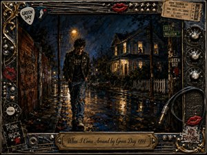 A lone punk walks through a rain-soaked suburban street at night, framed by glowing windows, brick graffiti, and reflective pavement. Deep blues, blacks, and amber streetlights create a restless, nostalgic mood. Expressive mixed-media brushwork adds gritty texture, while the ornate music-themed frame features guitar hardware, studs, tickets, cables, and engraved title plate.