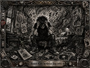 A distressed young punk sits hunched on a cluttered bed, gripping his head as chaotic charcoal spirals, symbols, and jagged marks overwhelm the room. Deep blacks, smoky grays, and muted metallic tones create an anxious, claustrophobic mood. Dim lamplight reveals scattered records, amplifiers, cables, skulls, and a richly detailed industrial music-themed frame.