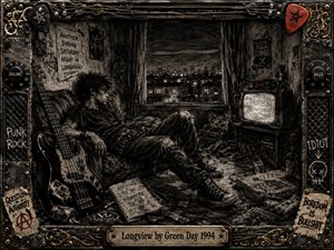 A restless young punk slouches in a cluttered apartment beside a battered bass guitar, staring toward a glowing static-filled television and distant city lights. Deep charcoal textures, smoky blacks, tarnished metallic browns, and dim amber highlights create a bored, rebellious mood. The ornate frame incorporates strings, picks, amplifier details, graffiti, and a centered engraved title plate.