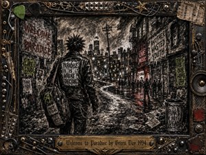 A lone punk figure walks through a rain-slicked, graffiti-covered city street toward glowing nightlife and distant towers. Deep charcoal textures, blackened brick, muted gold, red neon, and stark white highlights create a gritty rebellious mood. The ornate music-themed frame features strings, studs, speakers, tickets, and a brass title plate.