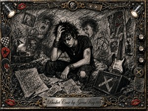 A troubled punk rocker sits hunched in a chaotic bedroom studio, surrounded by frantic charcoal scribbles, scattered papers, a battered guitar, and amplifier. Deep blacks, smoky grays, and muted metallic tones create an anxious, claustrophobic mood. Dramatic spotlights and an ornate music-themed frame intensify the raw, restless energy.