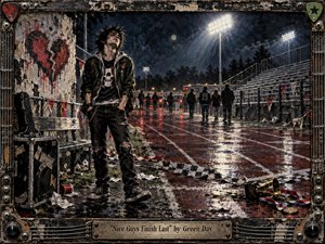 A defiant punk figure stands alone on a rain-slick running track beside empty bleachers, beneath glaring stadium lights and a bruised midnight sky. Painted in gritty mixed media with rough textures and deep blues, reds, and metallic browns, the scene feels restless and wounded, surrounded by debris, a fallen trophy, and a weathered guitar-inspired frame.