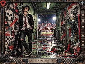 A defiant punk musician leans against a battered stadium tunnel, framed by peeling posters, shattered trophies, scattered confetti, and a worn guitar case. Harsh fluorescent light contrasts with bright field lights beyond, creating a gritty, rebellious mood. Black, red, and distressed green dominate the handcrafted, mixed-media aesthetic.