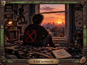 A solitary punk-styled youth sits on an unmade bed, gazing through a worn window toward a glowing city sunset. Warm orange light contrasts with deep green and black shadows, while guitars, records, headphones, posters, and a skateboard fill the room. The cinematic, distressed style creates a nostalgic, hopeful, reflective mood.
