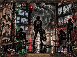 A lone punk figure stands defiantly in a rain-soaked city street beneath storm clouds, surveillance screens, helicopters, and fractured American imagery. Black, gray, red, and green dominate the palette, reflected in wet pavement and harsh neon light. Gritty mixed-media textures, torn posters, metal framing, and urban decay create a tense rebellious atmosphere.