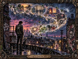 A solitary punk figure stands on a rain-slick rooftop overlooking a glowing city at dusk, surrounded by an S-shaped stream of translucent memories. Bicycles, school halls, bedrooms, records, and night roads drift through stormy blue skies. Warm orange light, gritty textures, distressed metal, and guitar-inspired framing create a nostalgic, restless mood.
