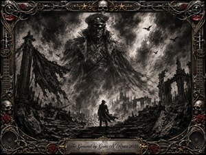 A towering spectral general emerges from stormy charcoal clouds above a ruined city, confronting a lone figure on shattered steps. Deep blacks, smoky grays, and stark highlights create a haunted, confrontational mood. An ornate chrome-and-gold frame features skulls, roses, guitar details, red lips, barbed wire, and an engraved title plate.