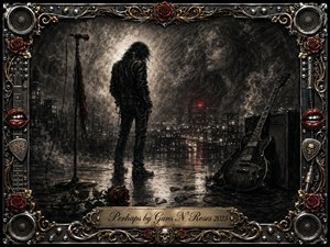 A solitary rocker stands on a rain-slicked stage overlooking a shadowy city, surrounded by smoke, scattered guitar picks, a wilted rose, microphone, and electric guitar. Deep charcoal textures, silvery grays, muted crimson accents, and dramatic backlighting create a haunting, reflective mood, framed by ornate chrome, gold, roses, and rock-inspired details.