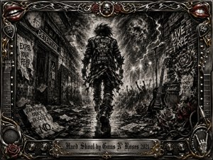 A rebellious figure strides through a ruined school corridor merging into a chaotic rock stage, surrounded by graffiti, scattered papers, guitars, speakers, roses, and shadowy crowds. Deep charcoal blacks and smoky grays dominate, accented by metallic gold, chrome, and red. Dramatic lighting, gritty textures, and an ornate rock-themed frame intensify the defiant mood.