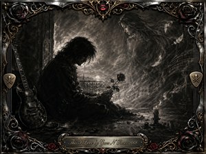 A solitary musician sits in a shadowed room holding a rose, haunted by the fading figure of a lost lover. Deep charcoal textures, smoky grays, candlelight, drifting feathers, and flowing music create a mournful romantic atmosphere. An ornate chrome-and-gold frame, dark roses, guitar details, and engraved title plate complete the composition.