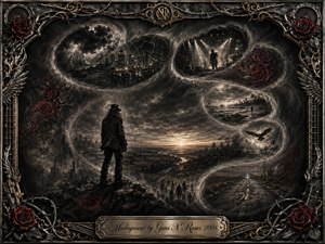 A solitary figure overlooks a vast, storm-darkened landscape as feathered charcoal visions curve through the scene in an S-shaped flow. Lightning, city lights, a concert stage, shoreline, flying bird, distant road, roses, and shadowy crowds emerge from smoky textures, framed by ornate black metal, gold filigree, and crimson accents.
