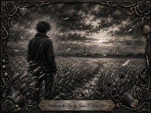 A solitary figure stands in a windswept rye field, facing a distant city beneath turbulent clouds and fading light. Deep charcoal textures create a melancholic, introspective mood, while drifting feathers, thorny roses, and a narrow path add symbolism. An ornate metallic frame of roses, guitar strings, vinyl fragments, and engraved details completes the composition.