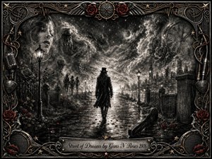 A solitary top-hatted figure walks down a rain-slicked dream street toward a glowing distant city, surrounded by mist, ghostly faces, roses, lamplights, and musical imagery. Deep feathered charcoal textures create a melancholic, mysterious mood, while silver-black tones, crimson accents, dramatic highlights, and an ornate rock-inspired frame give the composition haunting elegance.
