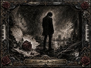 A solitary figure stands in a rain-soaked, charcoal cityscape, surrounded by torn handwritten pages, wilted roses, broken guitar strings, and a distant microphone. Smoky shadows and pale stage lights create a haunting, nostalgic mood. An ornate black, chrome, and gold frame with piano keys and roses completes the dramatic composition.