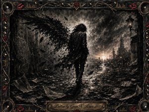 A solitary figure walks through a ruined, rain-slicked city toward a distant glow, while a vast black wing dissolves into drifting feathers behind them. Deep charcoal blacks, smoky grays, and muted gold highlights create a brooding, resilient mood. An ornate rock-inspired frame of roses, chrome, strings, speakers, and red lips surrounds the scene.
