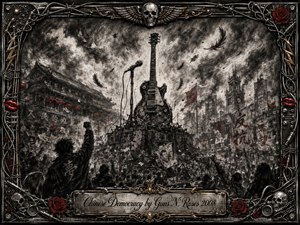 A towering electric guitar rises above a turbulent city square filled with shadowy crowds, banners, smoke, and drifting debris. Deep charcoal textures create a gritty, rebellious atmosphere, sharpened by muted red accents and metallic highlights. An ornate rock-inspired frame of skulls, roses, cables, and chrome surrounds the dramatic scene.
