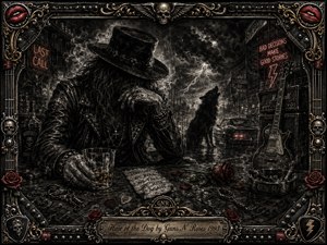 A brooding rocker sits in a stormy roadside bar, gripping a whiskey glass beneath smoky charcoal shadows. A howling dog, muscle car, electric guitar, neon signs, roses, skulls, and lightning deepen the rebellious mood. Black, gray, chrome, gold, and red accents glow within an ornate rock-themed frame.