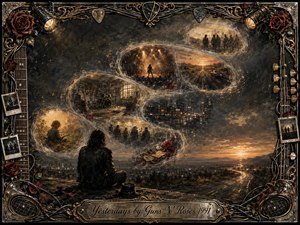 A solitary rocker sits above a glowing city and winding sunset road as feathered memory bubbles spiral through the smoky sky, revealing childhood, rehearsal rooms, performances, friends, and fading journeys. Charcoal blacks, sepia, muted gold, and crimson roses create a bittersweet mood, framed by ornate chrome, guitar hardware, photographs, and musical details.