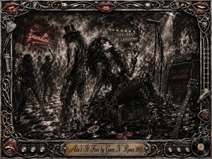 A gritty charcoal rock-club scene captures reckless nightlife with smoky silhouettes, scattered records, guitars, bottles, and a defiant central figure beneath harsh stage lighting. Deep blacks, silvery grays, crimson accents, and warm gold details create a decadent, haunted mood, framed by ornate chrome, chains, lips, music hardware, and an engraved title plate.
