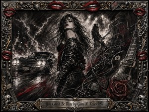 A rebellious woman dominates a stormy nighttime rock scene, framed by a speeding muscle car, electric guitars, tangled strings, smoke, lightning, and distant stage lights. Deep charcoal textures, metallic grays, black leather, and crimson accents create a fierce, seductive mood, enclosed by an ornate chrome-and-gold musical frame with red lips and roses.