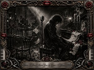 A solitary musician sits at a shadowed piano in a rain-soaked nighttime lounge, surrounded by drifting sheet music, wilted roses, candles, and an empty chair. Deep charcoal textures, silvery highlights, and restrained crimson accents create a mournful romantic mood, framed by ornate chrome, gold filigree, musical motifs, red lips, and roses.