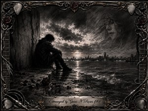 A solitary figure sits beside dark water beneath a storm-heavy sky, facing a distant city glowing across the horizon. Deep feathered charcoal textures create a mournful, dreamlike mood, while a ghostly womans face fades through the clouds. Ornate chrome, gold filigree, roses, guitar strings, and cables frame the scene with dramatic rock elegance.