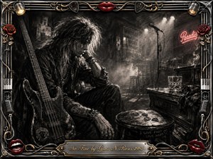 A brooding long-haired musician sits beside a worn bass guitar in a smoky, deserted rock club, surrounded by microphones, stage lights, whiskey, and scattered picks. Deep charcoal textures, silvery shadows, red neon, roses, lips, chrome, and gold accents create a melancholic atmosphere, framed by ornate musical details and an engraved title plate.