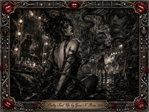 A glamorous rock figure sits amid a smoky backstage dreamscape, wrapped in flowing ribbons and shadowy textures. Deep charcoal blacks and grays dominate, accented by crimson lips, roses, warm bulbs, chrome, and gold. Dramatic lighting, guitars, cables, stage haze, and an ornate musical frame create a seductive, rebellious atmosphere.