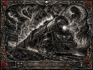 A massive steam locomotive charges through a stormy night, sparks flying beneath its wheels as smoke twists into roses, memories, and musical symbols. Deep charcoal textures, silvery highlights, and dramatic headlamp glow create a brooding, relentless mood, framed by ornate chrome, gold, roses, guitars, skulls, cables, and engraved rock-inspired details.