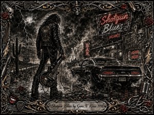 A lone leather-clad guitarist stands beside a black muscle car on a stormy desert roadside, facing a smoky neon bar. Deep charcoal textures, silver-gray highlights, and restrained red accents create a gritty, defiant mood. Lightning, skulls, roses, cables, chrome details, and an ornate rock-inspired frame intensify the rebellious nocturnal atmosphere.